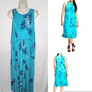 Lane Bryant Teal Midi Dress Womens Palm Leaf Ruffled Tie Waist size 14/16